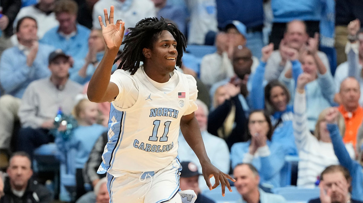 North Carolina Tar Heels guard Ian Jackson (11) reacts after hitting a three point shot in the first half at Dean E. Smith Center.