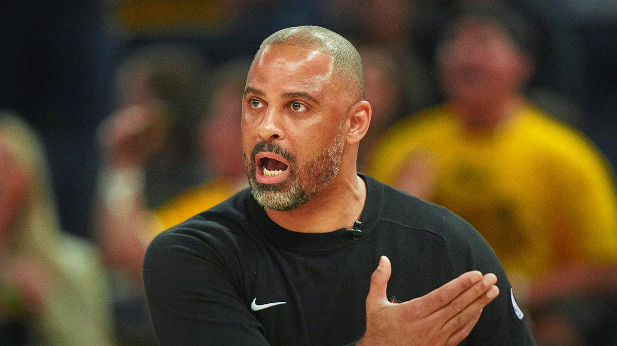 Houston Rockets head coach Ime Udoka yells during the first quarter against the Golden State Warriors during the first quarter of game three of first round for the 2024 NBA Playoffs at Chase Center.