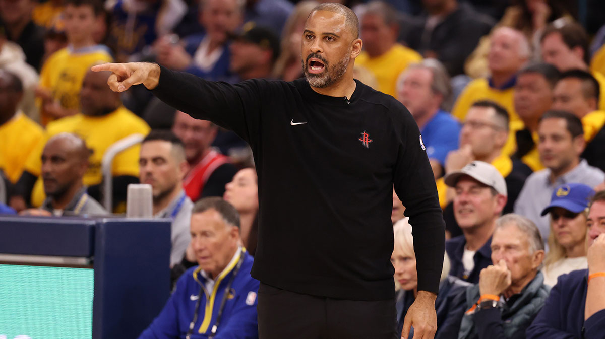 Houston Rockets head coach Ime Udoka on the sideline during the fourth quarter of game four of the 2025 NBA Playoffs first round against the Golden State Warriors at Chase Center.