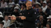 Houston Rockets head coach Ime Udoka reacts to a foul call against the Phoenix Suns in the first half at Footprint Center