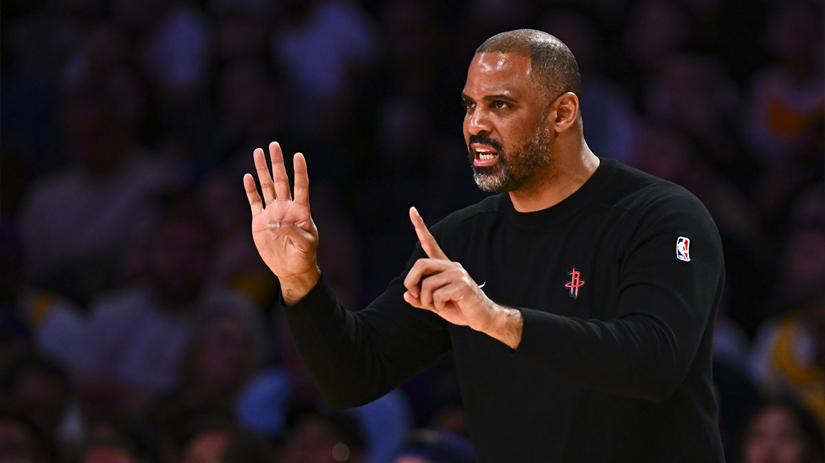 Houston Rockets head coach Ime Udoka reacts against the Los Angeles Lakers during the second half at Crypto.com Arena.