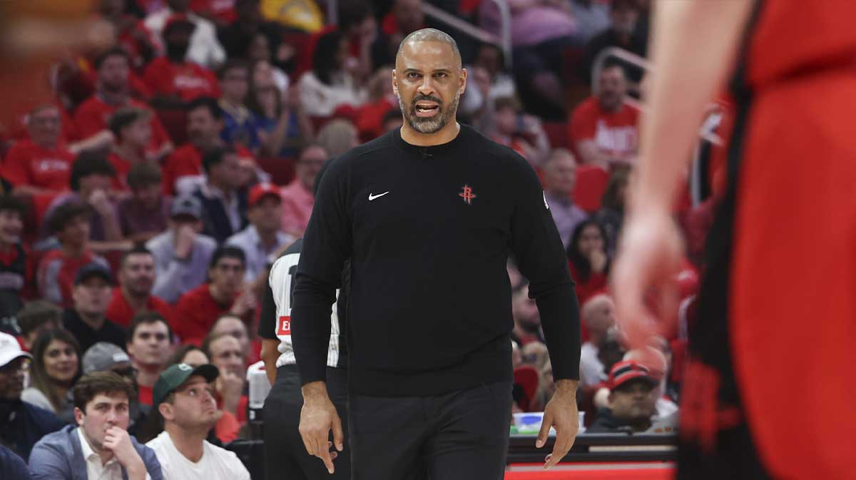 Houston Rockets head coach Ime Udoka reacts after a play during the first half against the Golden State Warriors at Toyota Center.