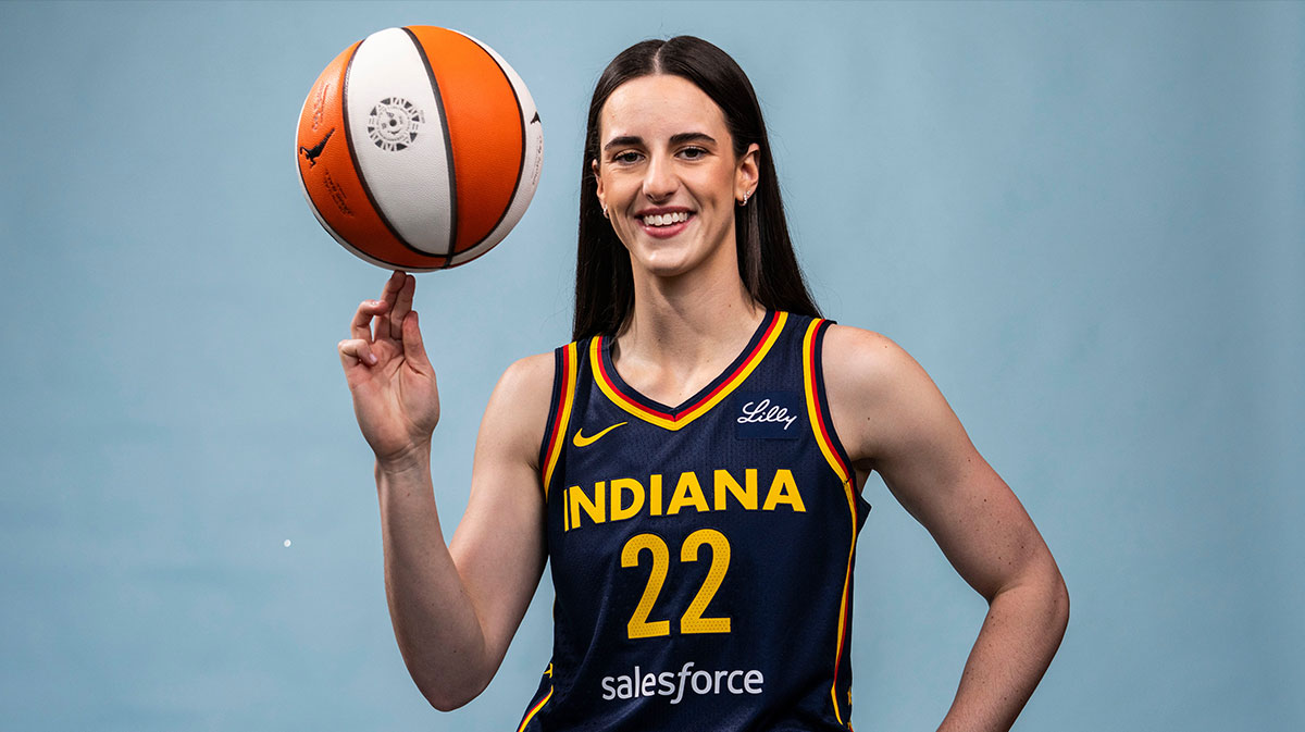 Indiana Fever guard Caitlin Clark poses for a photo Wednesday, April 30, 2025, during the Indiana Fever media day at Gainbridge Fieldhouse in Indianapolis.