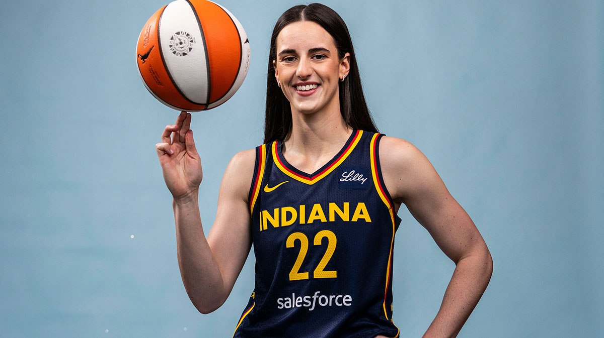 Indiana Fever guard Caitlin Clark poses for a photo during the Indiana Fever media day.