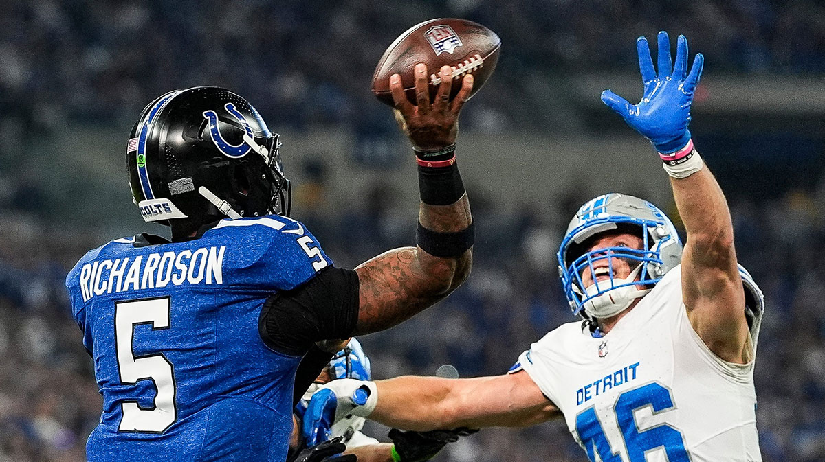 Detroit Lions linebacker Jack Campbell (46) pressures Indianapolis Colts quarterback Anthony Richardson (5) during the first half at Lucas Oil Stadium in Indianapolis, Ind. on Sunday, Nov. 24, 2024.