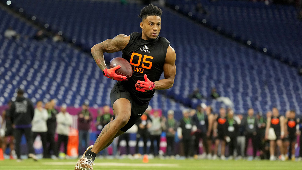 Mar 1, 2025; Indianapolis, IN, USA; Texas wideout Isaiah Bond (WO05) during the 2025 NFL Combine at Lucas Oil Stadium. Mandatory Credit: Kirby Lee-Imagn Images