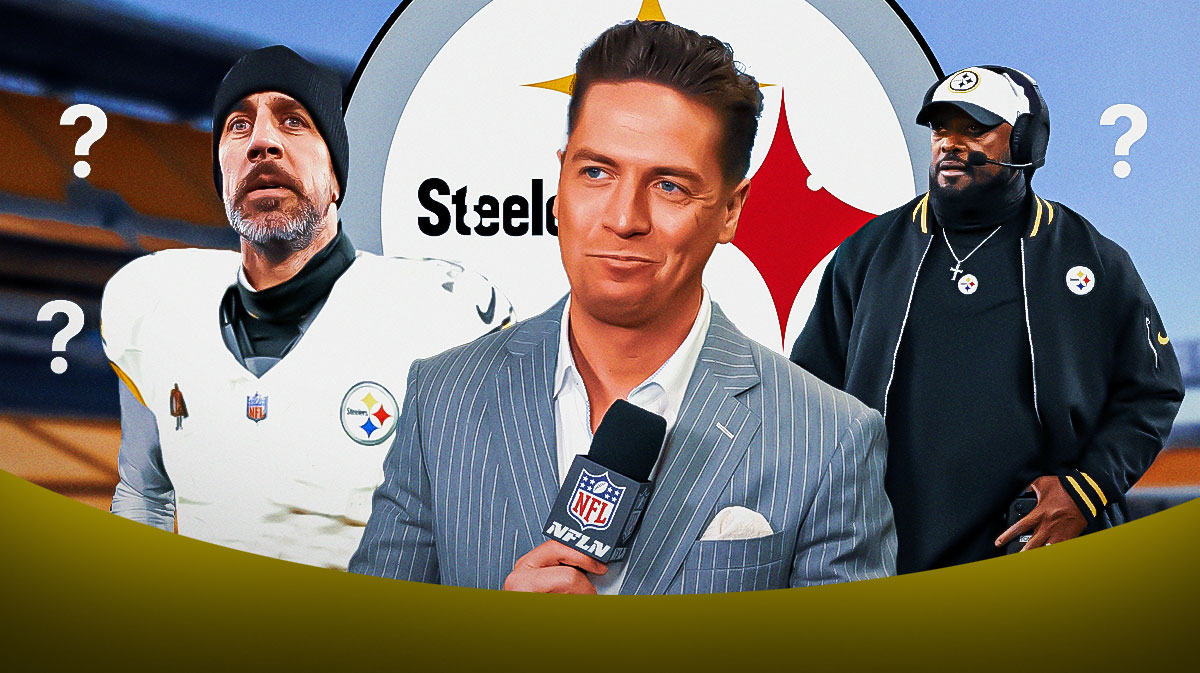 NFL Network's Tom Pelissero with Steelers head coach Mike Tomlin. They are next to QB Aaron Rodgers who is surrounded by question mark emojis. There is also a logo for the Pittsburgh Steelers.