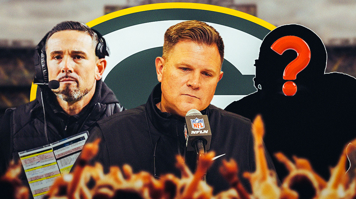 Green Bay Packers GM Brian Gutekunst with head coach Matt LaFleur and a silhouette of an American football player with a big question mark emoji inside. There is also a logo for the Green Bay Packers.