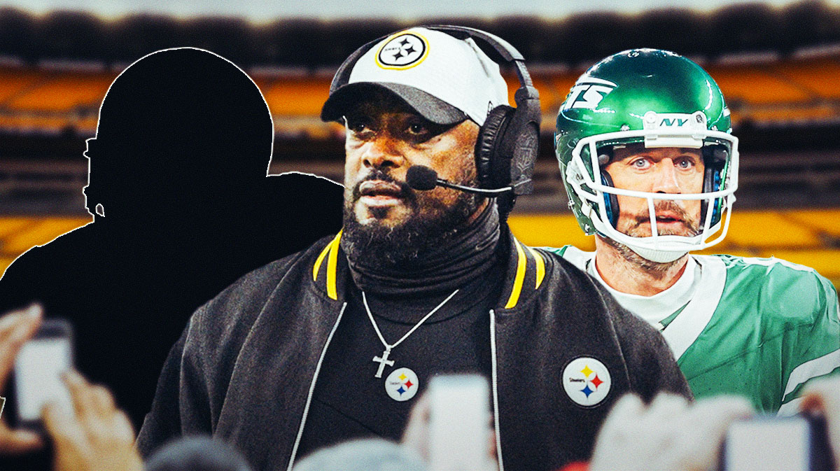 A blank player outline, Pittsburgh Steelers head coach Mike Tomlin, and former New York Jets quarterback Aaron Rodgers