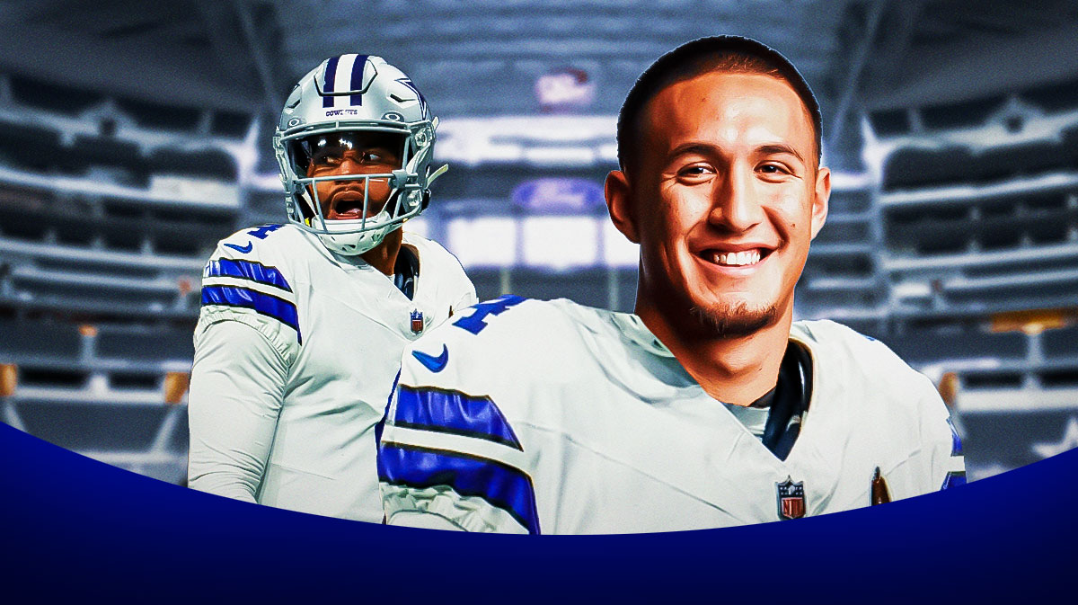 Wide receiver Tetairoa McMillan in a Dallas Cowboys jersey, with Dak Prescott next to him