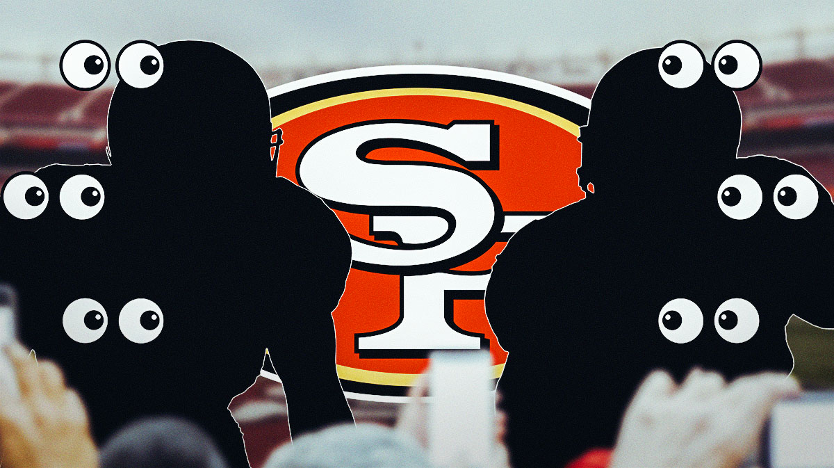 49ers logo in the middle of the frame. Texas Longhorns' Jahdae Barron's silhouette on the left. Michigan Wolverines' Will Johnson's silhouette on the right. All surrounded by googly eye emojis.
