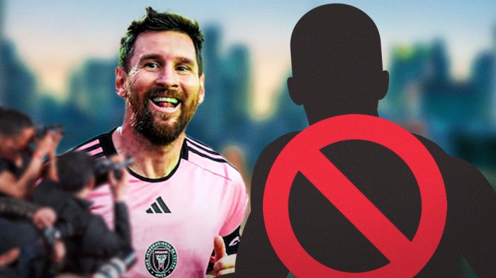 Inter Miami star Lionel Messi next to a silhouette of a man with a prohibited emoji 🚫 over the silhouette