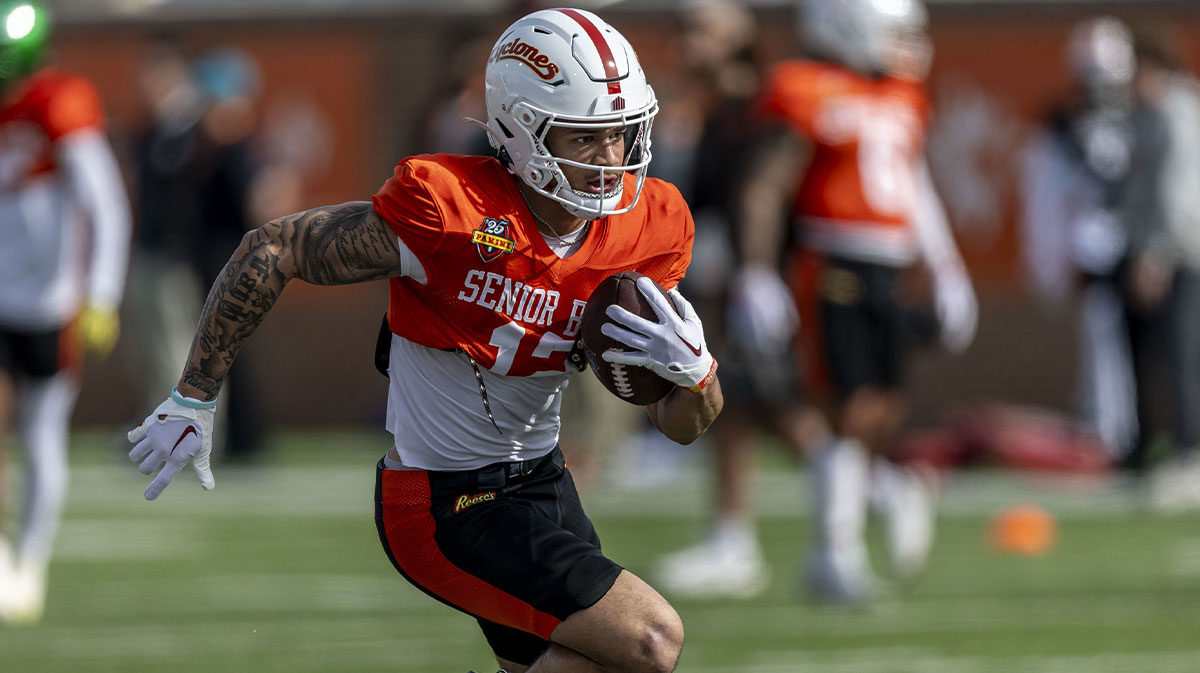 National team wide receiver Jaylin Noel of Iowa State (12) runs a play during Senior Bowl practice for the National team at Hancock Whitney Stadium.
