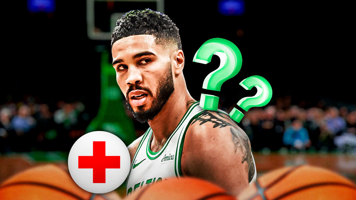 Jayson Tatum with medical signs and question marks