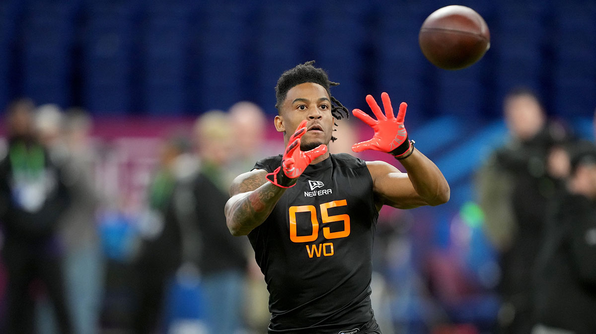 Texas wideout Isaiah Bond (WO05) during the 2025 NFL Combine at Lucas Oil Stadium.