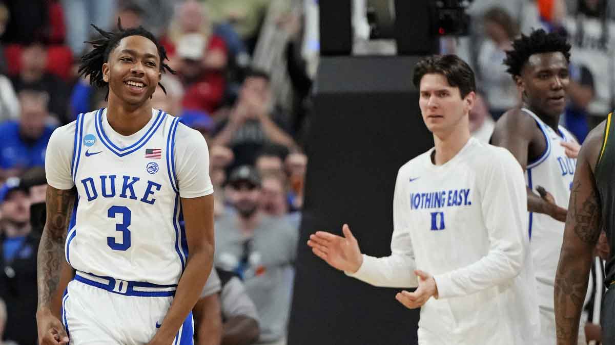 Duke Blue Devils guard Isaiah Evans (3) celebrates after a play during the second half against the Baylor Bears in the second round of the NCAA Tournament at Lenovo Center.