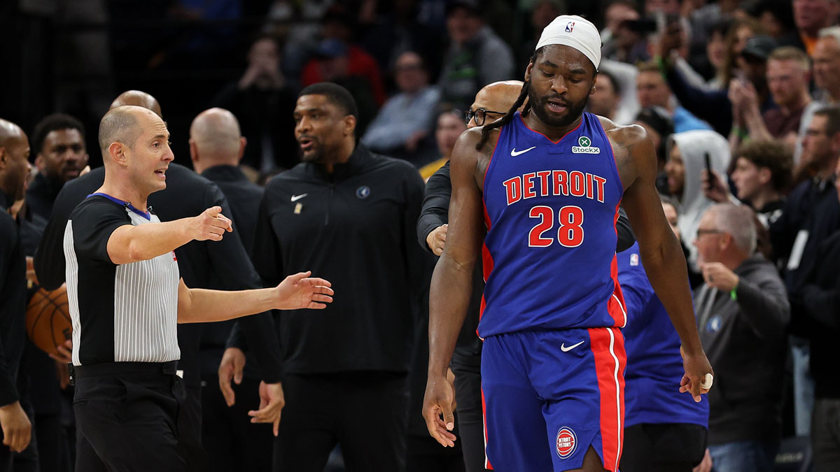 Detroit Pistons center Isaiah Stewart (28) reacts after a fight against the Minnesota Timberwolves during the second quarter at Target Center. Stewart was later ejected from the game.