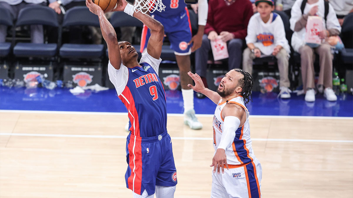 Detroit Pistons forward Ausar Thompson (9) dunks against New York Knicks guard Jalen Brunson (11) in the third quarter during game five of first round for the 2025 NBA Playoffs at Madison Square Garden.