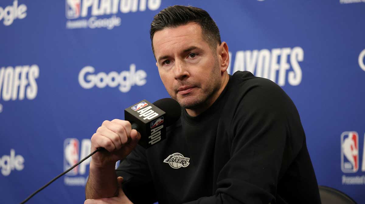 Los Angeles Lakers head coach JJ Redick speaks to media before a game two of first round for the 2024 NBA Playoffs against the Minnesota Timberwolves at Crypto.com Arena.