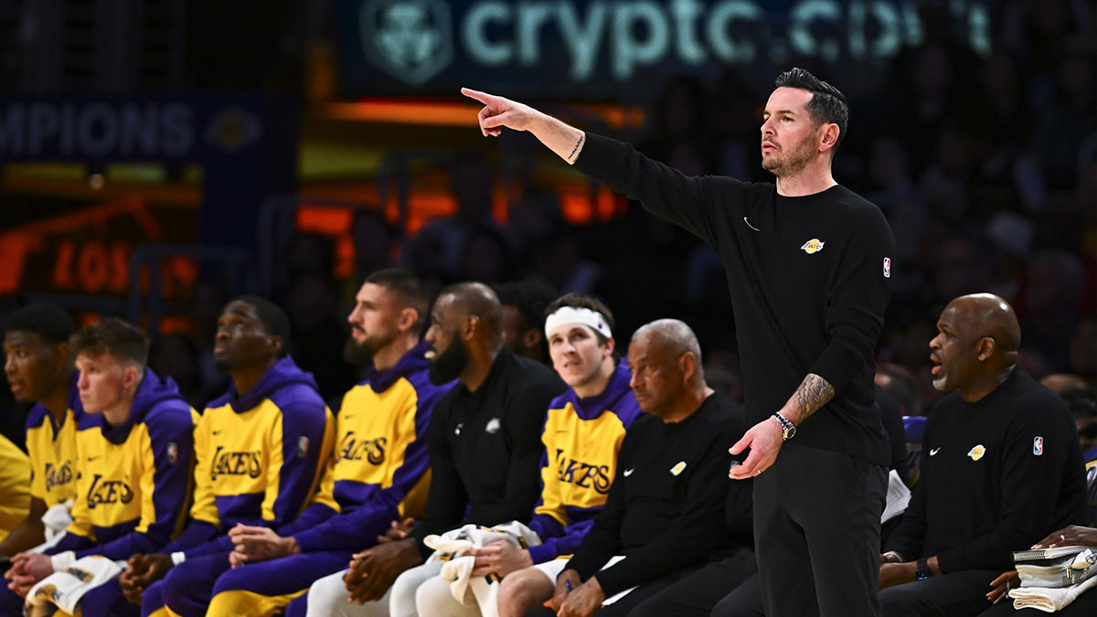 Los Angeles Lakers head coach JJ Redick reacts against the Houston Rockets during the second half at Crypto.com Arena. Mandatory Credit: Jonathan Hui-Imagn Images
