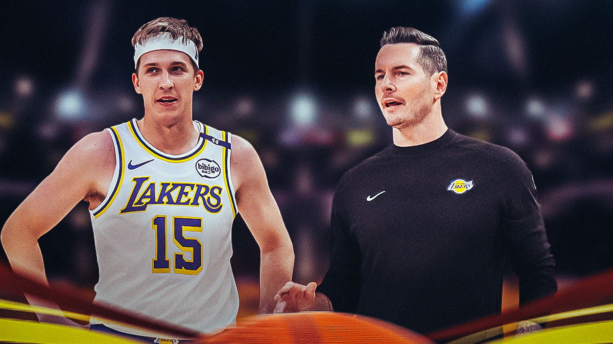 LA Lakers player Austin Reaves alongside LA Lakers coach JJ Redick. Have the Lakers arena in the background, season