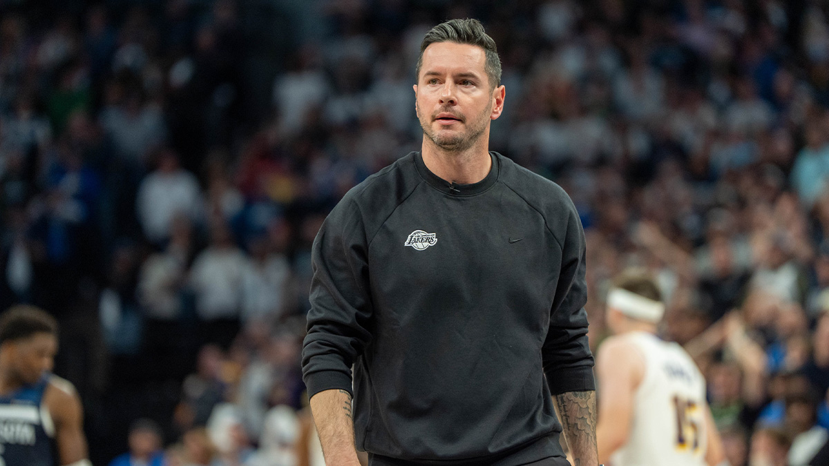 Los Angeles Lakers head coach JJ Redick reacts to his team losing the lead to the Minnesota Timberwolves late in the fourth quarter during game four of first round for the 2025 NBA Playoffs at Target Center.