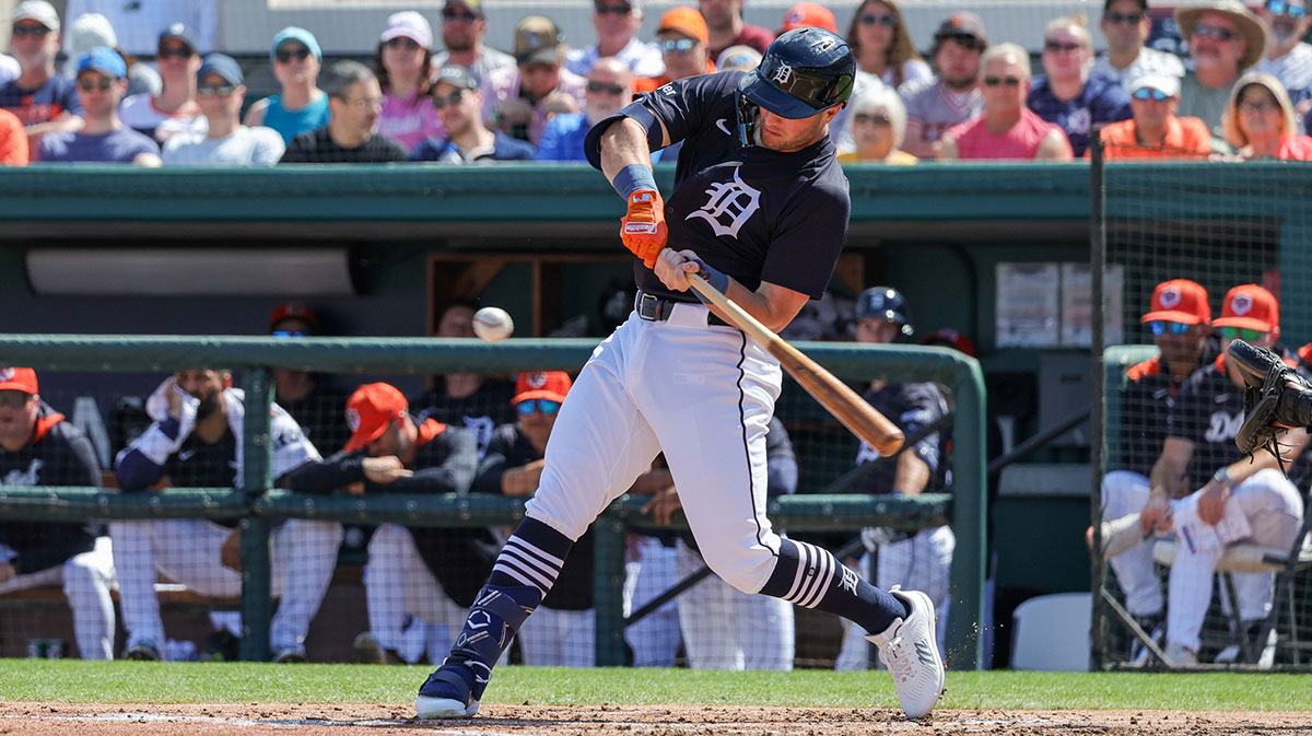 Detroit Tigers third baseman Jace Jung (17) bats during the second inning against the Toronto Blue Jays at Publix Field at Joker Marchant Stadium.