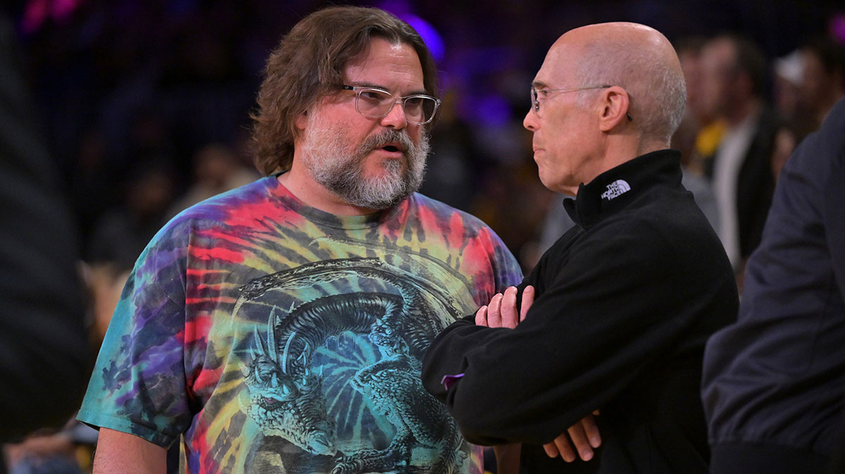Actor Jack Black and producer Jeffrey Katzenberg attend the game between the Los Angeles Lakers and the Minnesota Timberwolves at Crypto.com Arena.