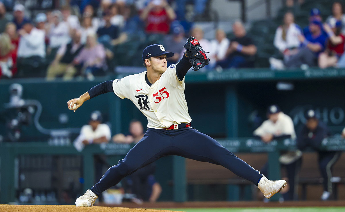 Texas Rangers starting pitcher Jack Leiter (35) throws during the first inning against the Boston Red Sox at Globe Life Field