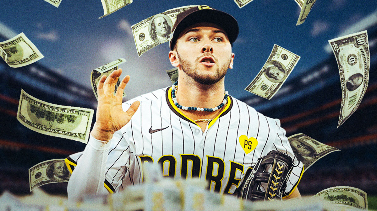 Padres' Jackson Merrill with cash flying all around