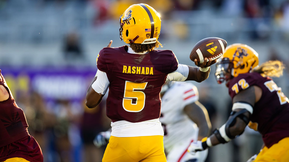 Arizona State Sun Devils quarterback Jaden Rashada (5) against the Arizona Wildcats during the Territorial Cup at Mountain America Stadium.