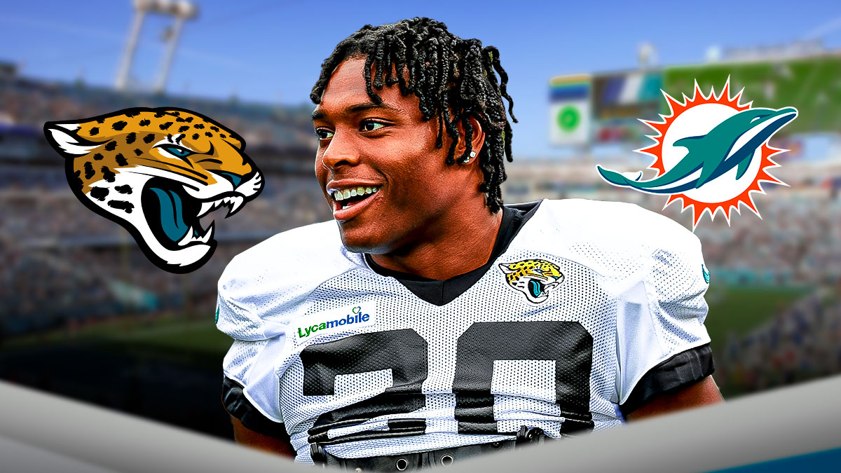 Jalen Ramsey in a Jaguars jersey. Jaguars and Dolphins logos front and center.
