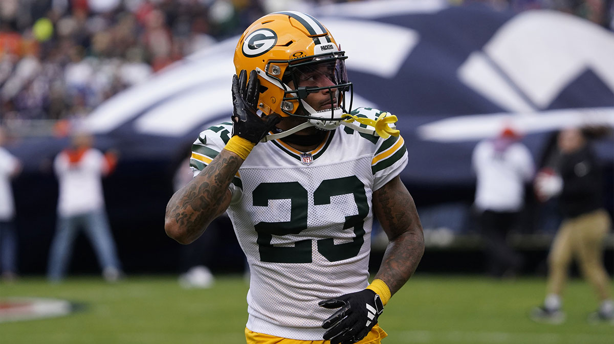 Green Bay Packers cornerback Jaire Alexander (23) gestures to the fans before the game against the Chicago Bears at Soldier Field.