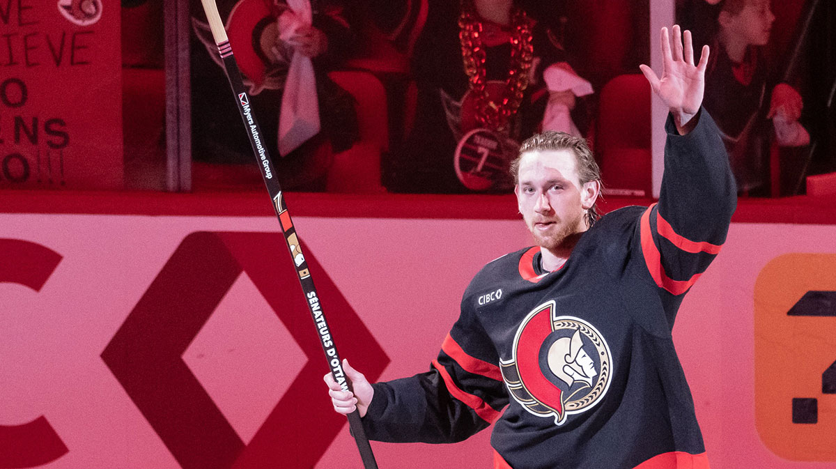 Ottawa Senators defenseman Jake Sanderson (85) is named the first star following the team win against the Toronto Maple Leafs in overtime in game four of the first round of the 2025 Stanley Cup Playoffs at Canadian Tire Centre.