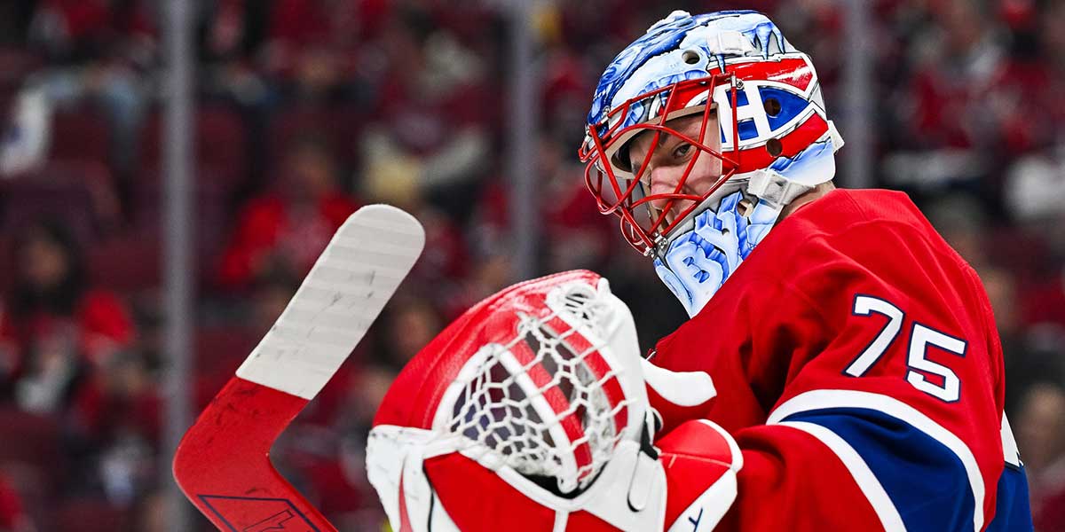 Montreal Canadiens goalie Jakub Dobes (75) looks on against the Washington Capitals during the second period in game four of the first round of the 2025 Stanley Cup Playoffs at Bell Centre.
