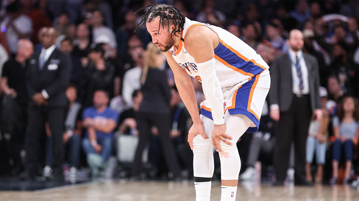 New York Knicks guard Jalen Brunson (11) reacts after being hurt in the fourth quarter against the Detroit Pistons during game five of first round for the 2025 NBA Playoffs at Madison Square Garden.