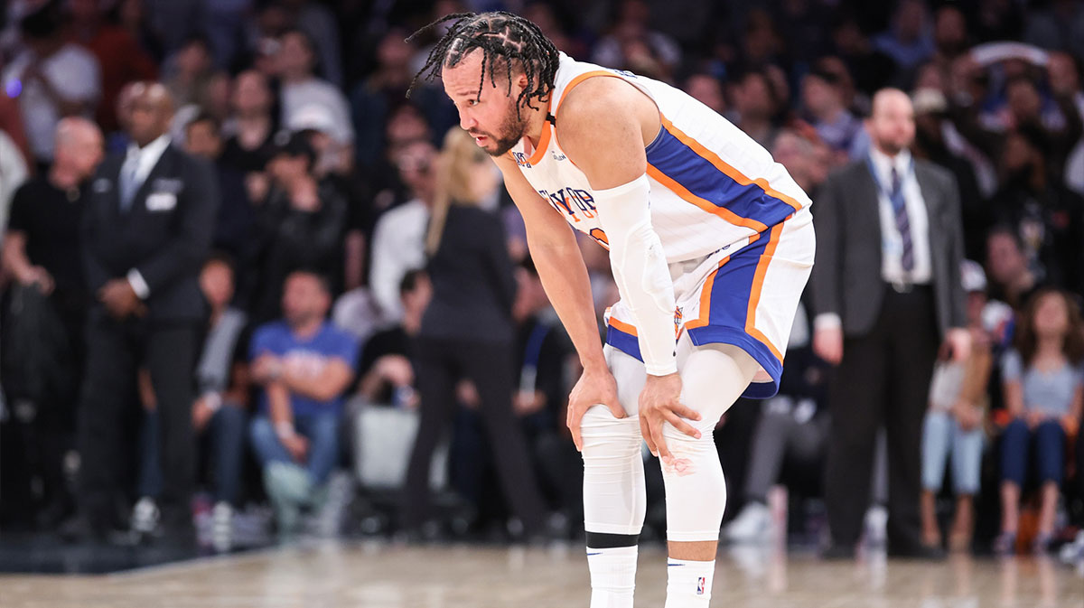 New York Knicks guard Jalen Brunson (11) reacts after being hurt in the fourth quarter against the Detroit Pistons during game five of first round for the 2025 NBA Playoffs at Madison Square Garden.