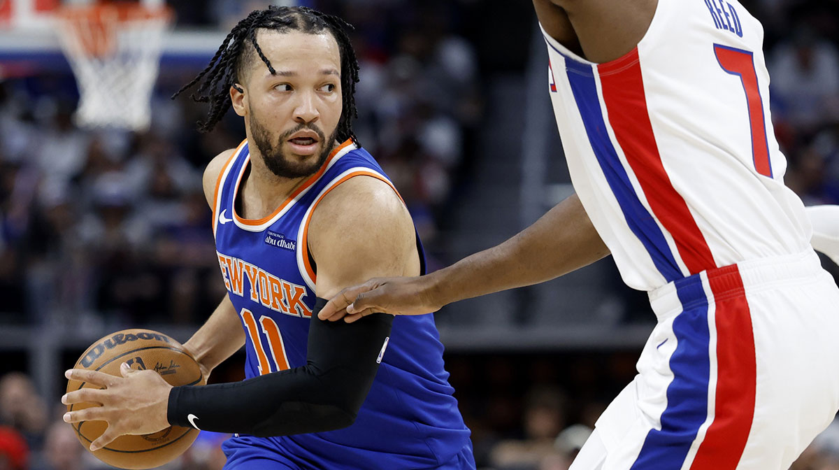 Apr 24, 2025; Detroit, Michigan, USA; New York Knicks guard Jalen Brunson (11) is defended by Detroit Pistons forward Paul Reed (7) in the first half during game three of first round for the 2024 NBA Playoffs at Little Caesars Arena.