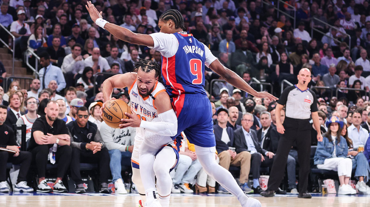 New York Knicks guard Jalen Brunson (11) drives past Detroit Pistons forward Ausar Thompson (9) in the first quarter during game five of first round for the 2025 NBA Playoffs at Madison Square Garden.