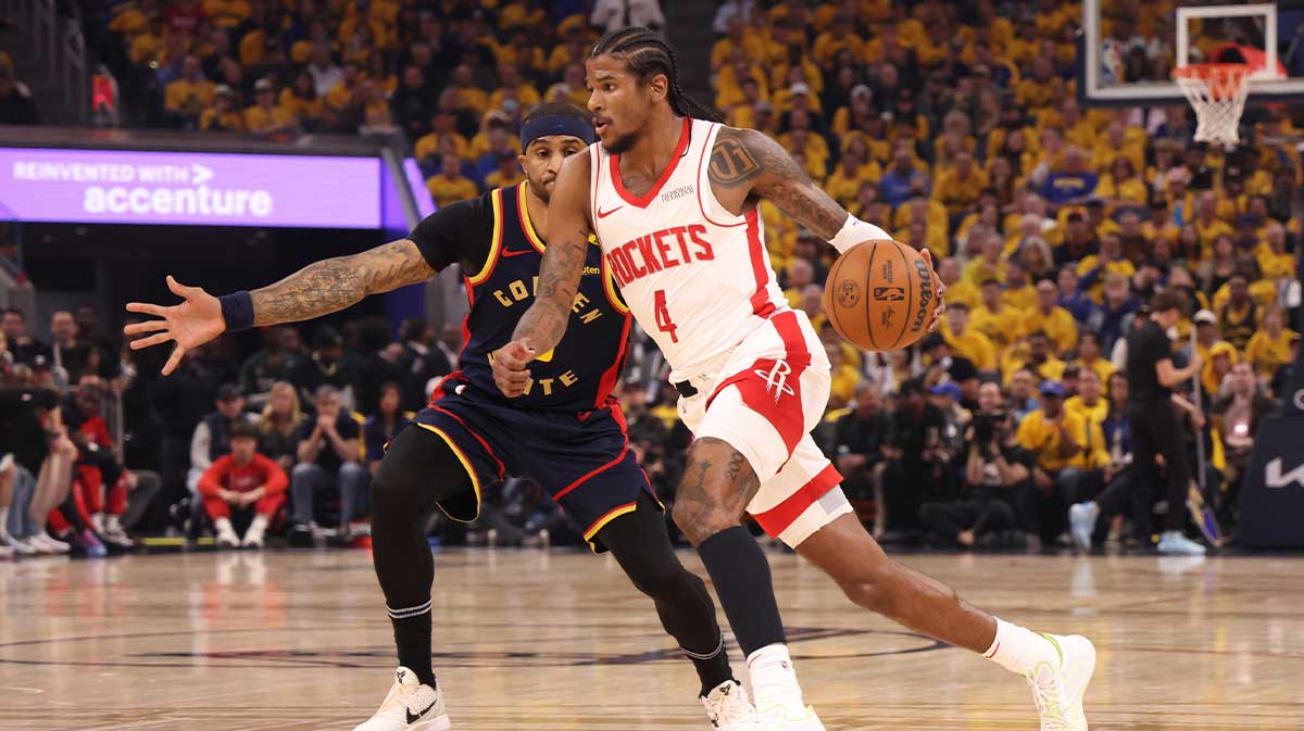 Houston Rockets guard Jalen Green (4) drives in against Golden State Warriors guard Gary Payton II (0) during the first quarter of game four of the 2025 NBA Playoffs first round at Chase Center.
