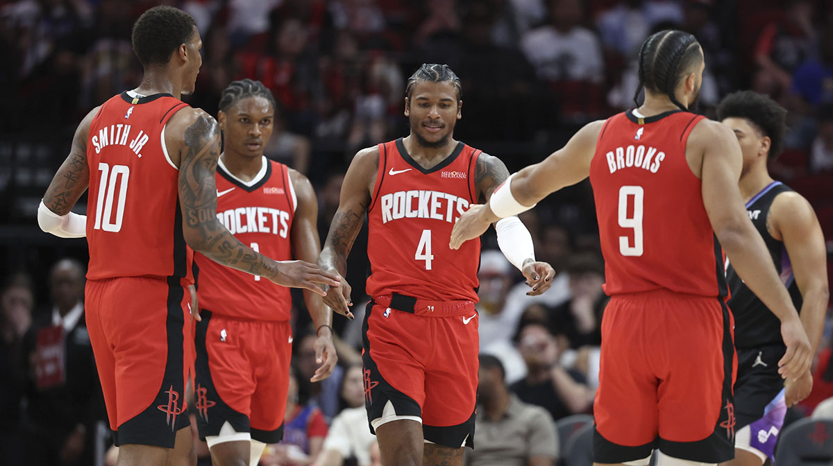 Houston Rockets guard Jalen Green (4) reacts after a play during the first half against the Utah Jazz at Toyota Center.