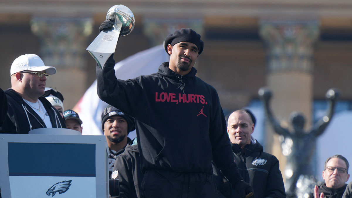 Jalen Hurts, who will not visit President Donald Trump's White House with his teammates, during the Eagles' Super Bowl 59 parade.