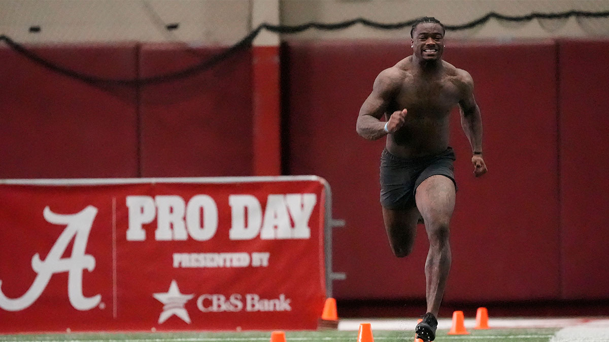 Quarterback Jalen Milroe runs the 40 yard dash at the University of Alabama Pro Day as several Crimson Tide players worked out for NFL teams in the Hank Crisp Indoor Practice Facility.