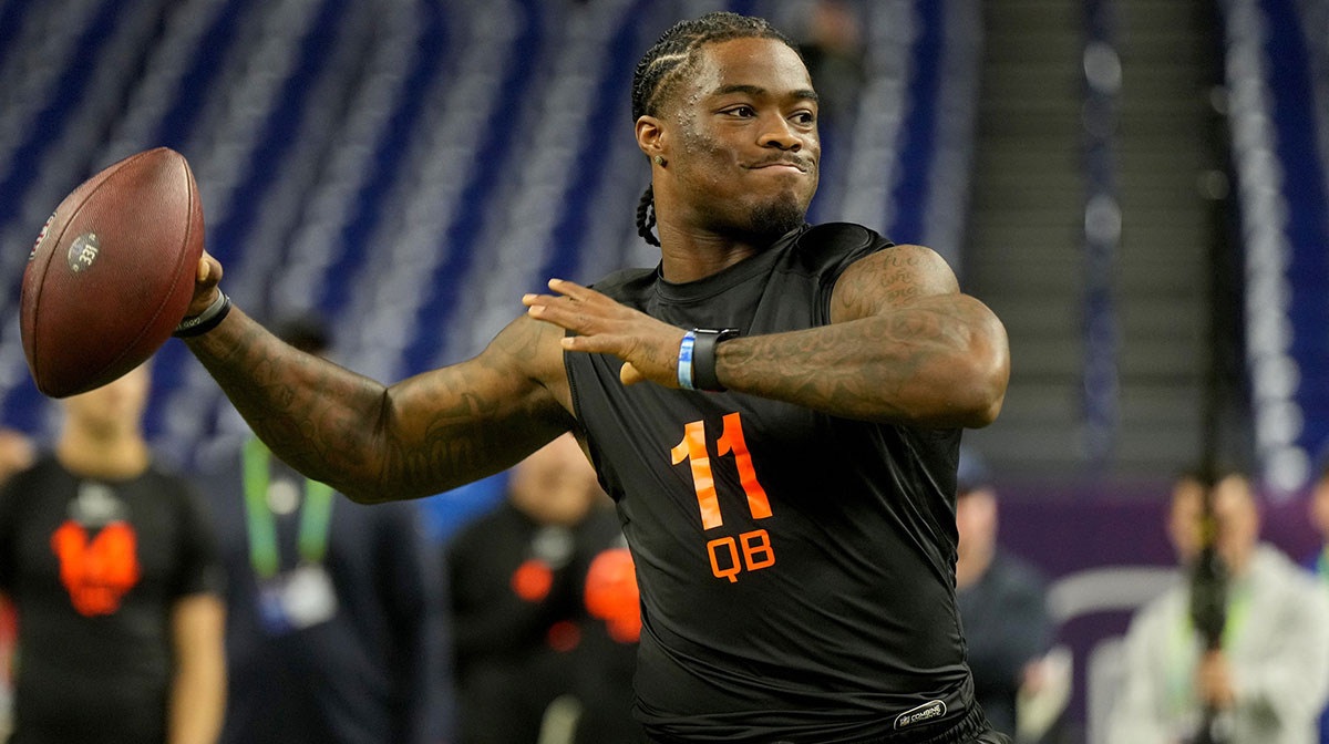 Alabama quarterback Jalen Milroe (QB11) during the 2025 NFL Combine at Lucas Oil Stadium. Mandatory Credit: Kirby Lee-Imagn Images
