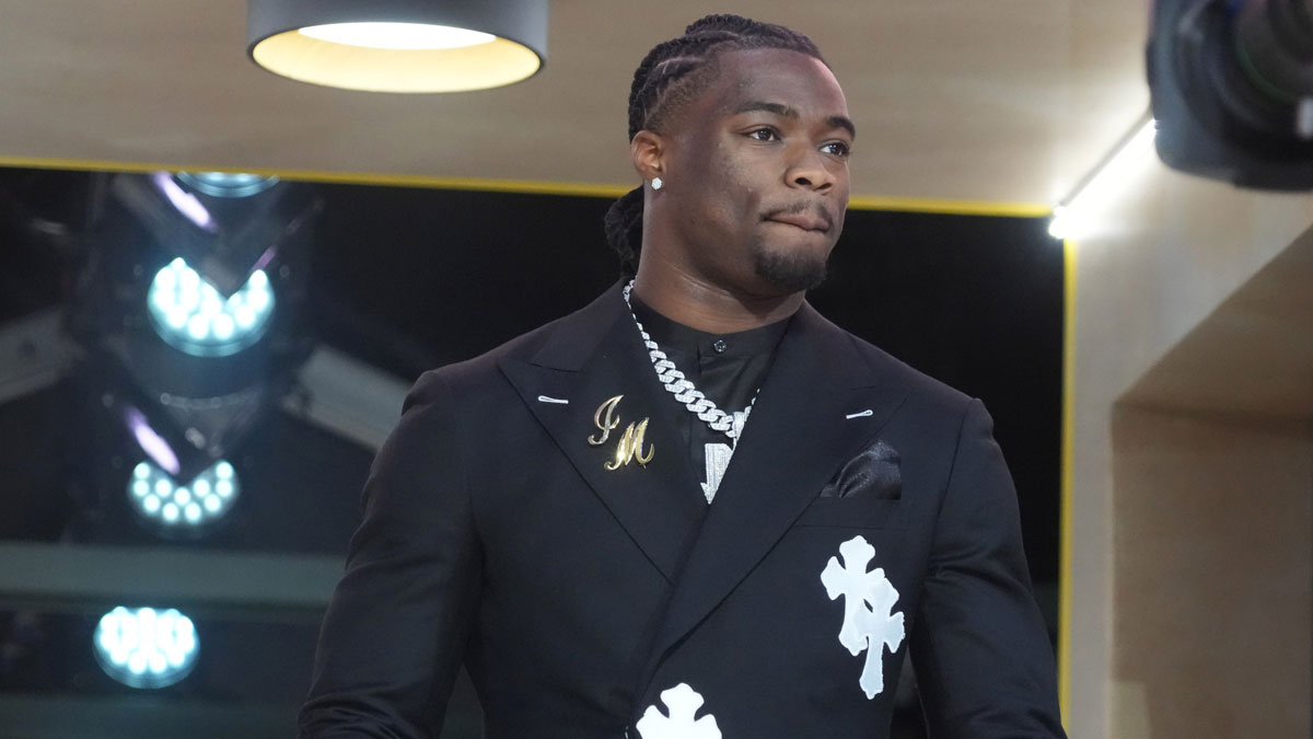Alabama Crimson Tide quarterback Jalen Milroe is introduced before the first round of the 2025 NFL Draft at Lambeau Field.