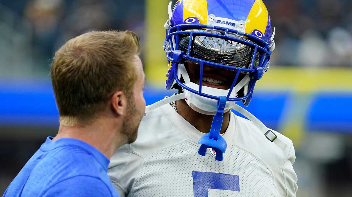 Los Angeles Rams cornerback Jalen Ramsey (5) talks to head coach Sean McVay during and offseason workout at SoFi Stadium.