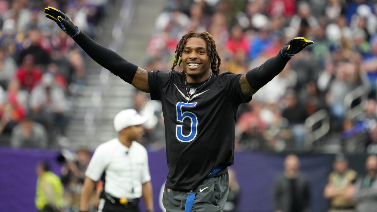 NFC cornerback Jalen Ramsey of the Los Angeles Rams (5) reacts against the AFC during the Pro Bowl Games at Allegiant Stadium.