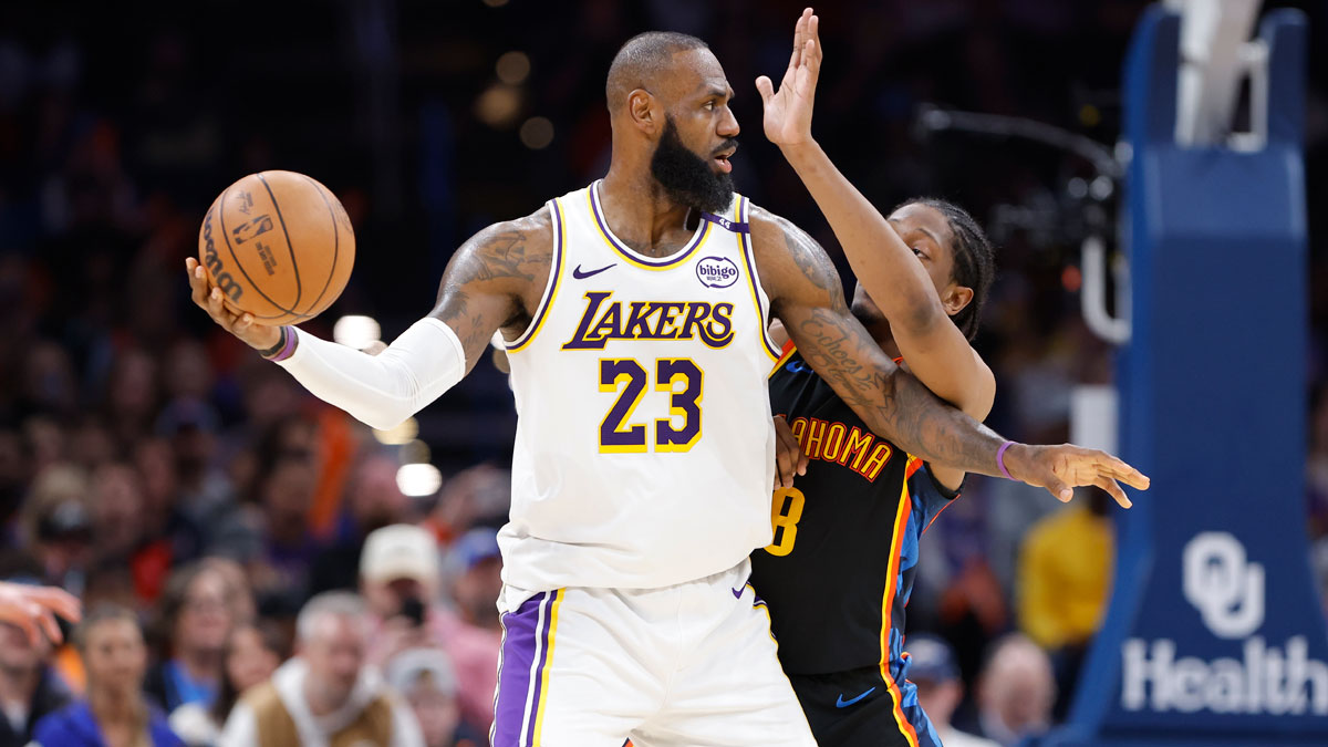 Apr 6, 2025; Oklahoma City, Oklahoma, USA; Oklahoma City Thunder forward Jalen Williams (8) defends Los Angeles Lakers forward LeBron James (23) during the second half at Paycom Center.