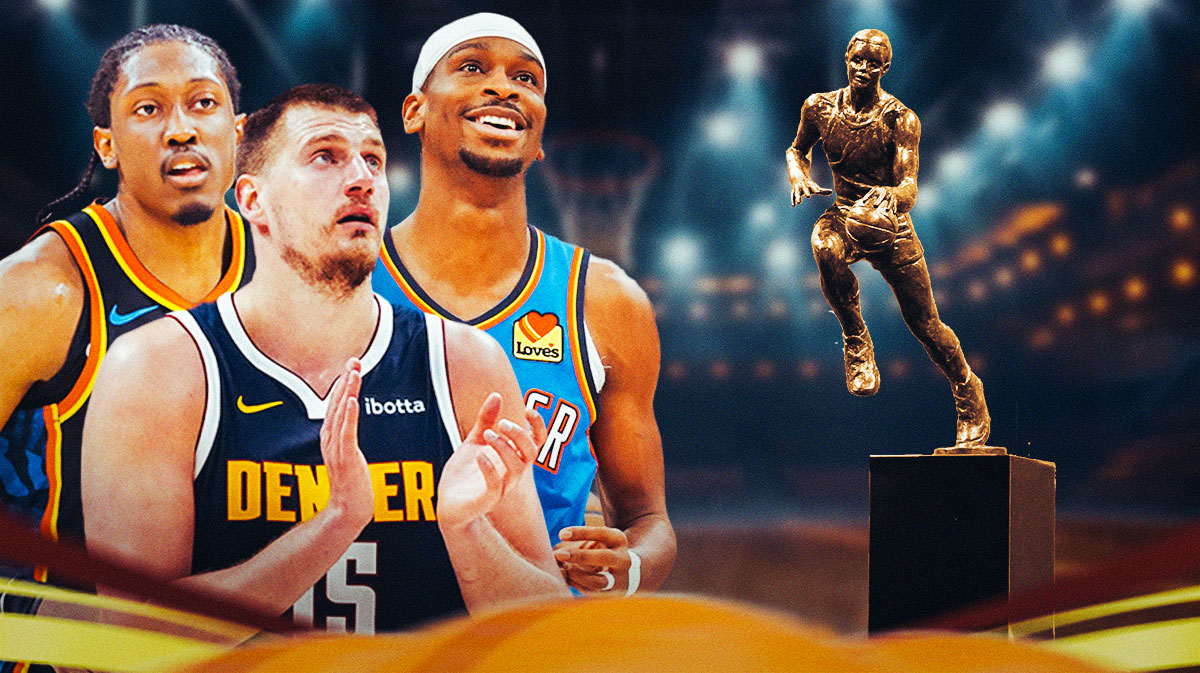 Thunder All-Star Jalen Williams next to Thunder All-Star Shai Gilgeous-Alexander with Nuggets All-Star Nikola Jokic next to the MVP trophy in the background