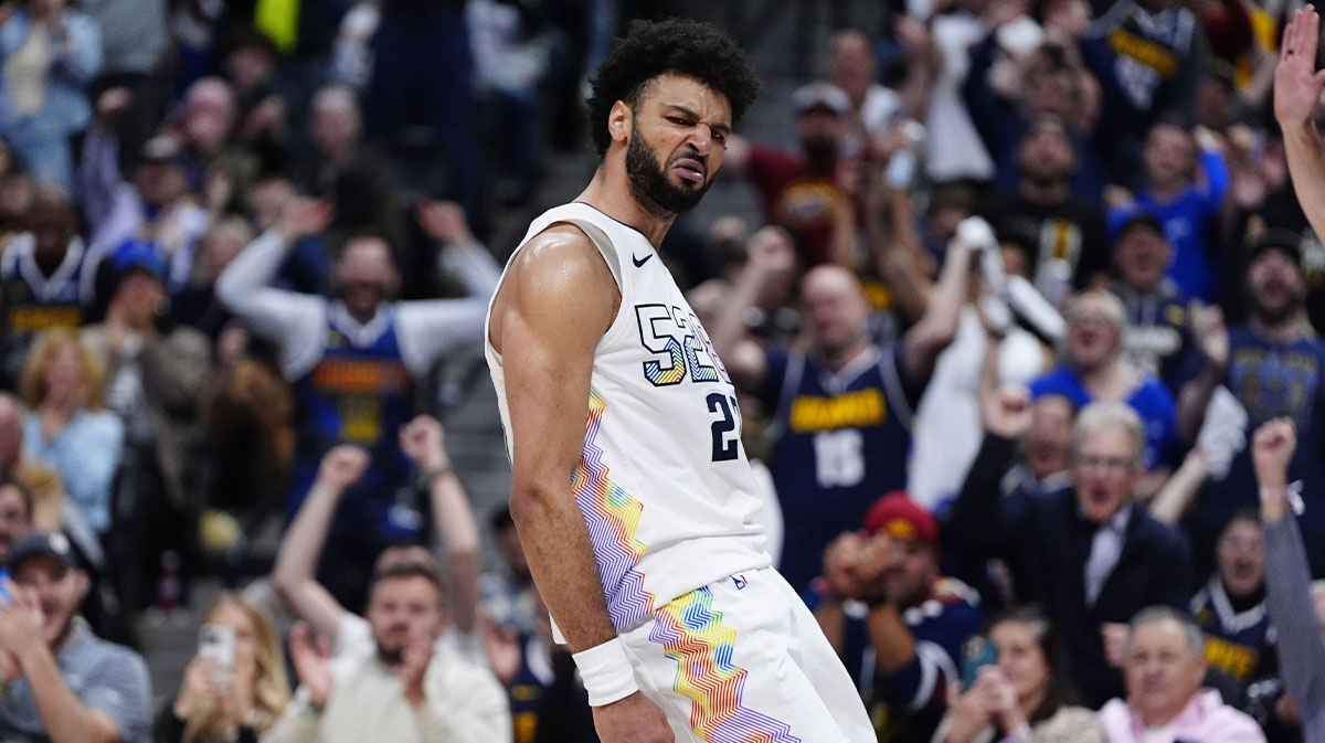 Denver Nuggets guard Jamal Murray (27) reacts after a steal and basket in the fourth quarter against the LA Clippers during game five of the first round for the 2025 NBA Playoffs at Ball Arena.